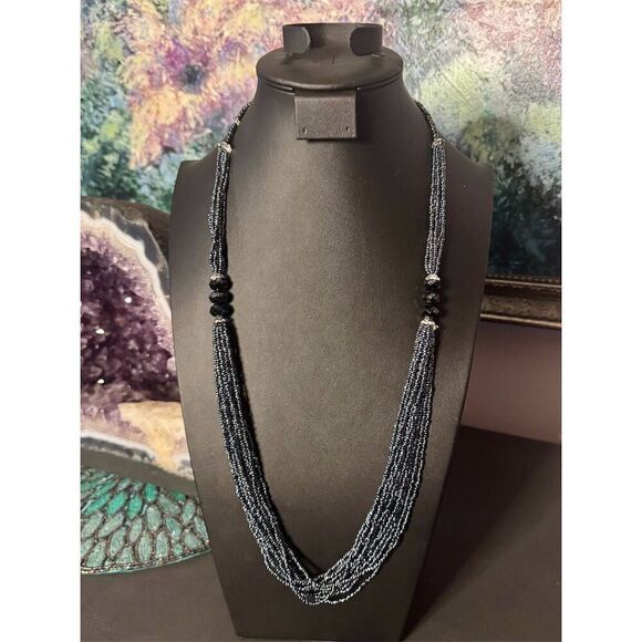 Vintage Multi-Strand Beaded Necklace Charcoal Black Layered Statement - Picture 1 of 5